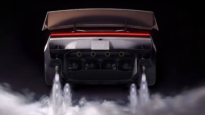 Tesla Roadster rear view with rocket thrusters emitting thrust beneath the electric sports car.