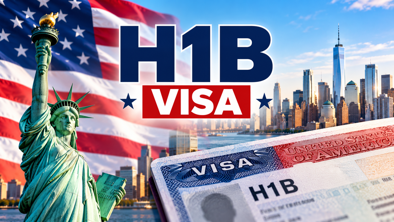 H1B visa USA graphic featuring the Statue of Liberty, American flag, New York City skyline, and an H1B visa document.